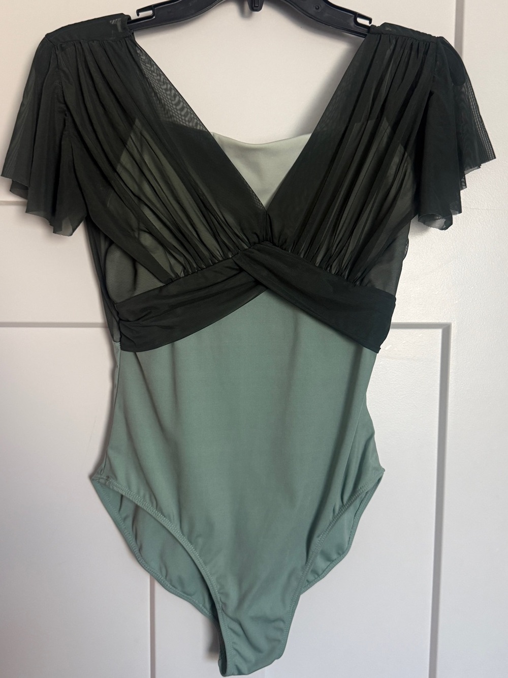 Sheer Sleeve Twist-Front Bodysuit Dance Leotard in Sage and Black